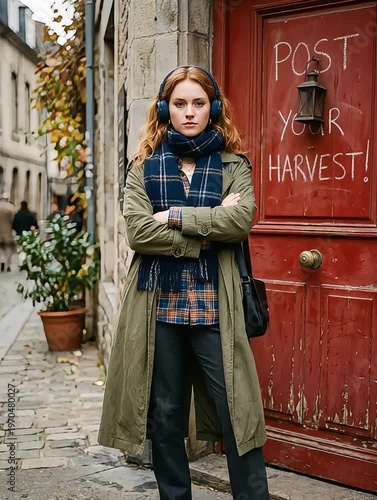 Woman in Long Trench Coat and Headphones Standing by a Red Door