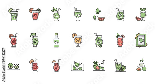 Cocktails with fruit and straws. Vector Icon. EPS Editable
