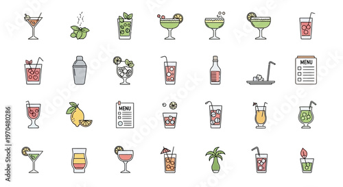 Cocktail icons in various glasses. Vector Icon. EPS Editable
