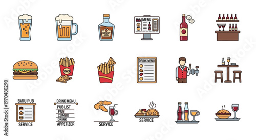 Collection of Bar and Restaurant Icons Featuring Food Drinks and Service Elements. Vector Icon. EPS Editable