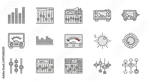 Collection of audio equipment icons for music production and sound engineering. Vector Icon. EPS Editable