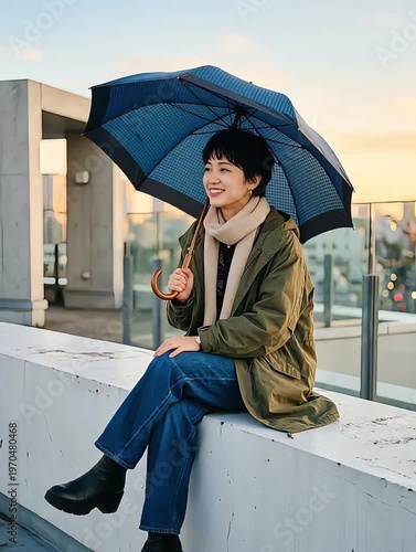 Woman in Green Jacket Holding a Blue Umbrella on a Rooftop