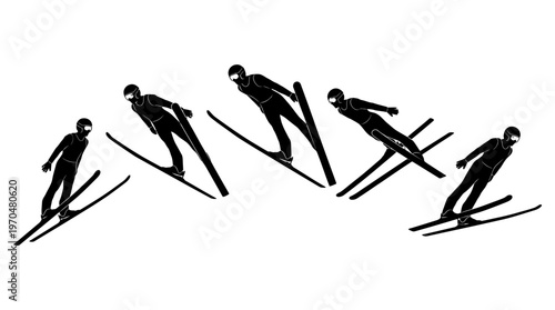 Group of skiers carving down snowy slopes in dynamic motion during a winter sport scene.