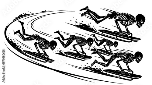 Dynamic black and white illustration of multiple crosscountry skiers racing through snow.