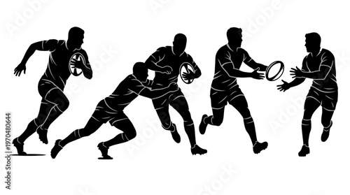 Silhouetted rugby and football players in dynamic team action during a fast-paced game.