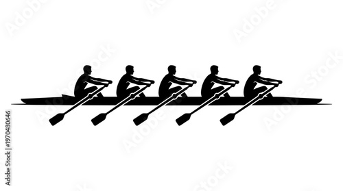 Five-Person Rowing Crew Competing in a Regatta on the River.