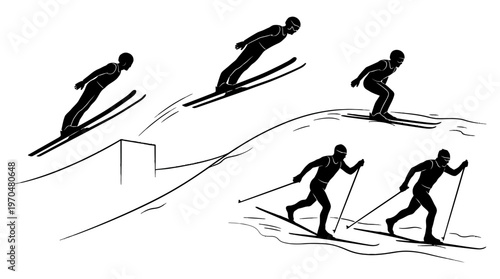 Group of skiers racing down a snowy slope in a dynamic winter scene.