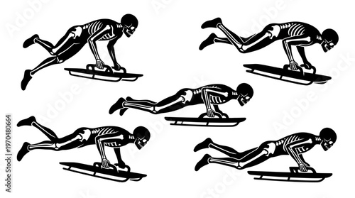 Six skeletal figures in crawling poses arranged in a pattern.