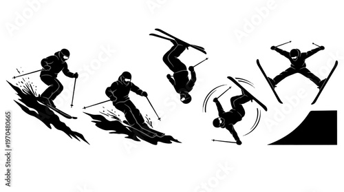 Dynamic silhouettes of snowboarders in midair performing freestyle jumps and tricks on a winter slope.