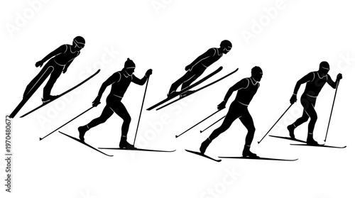 Series of silhouettes of cross country skiers racing on snowy trail in motion.