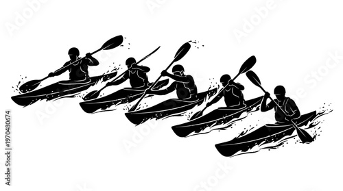 Group of Kayakers Paddling Together on a River in Silhouette.