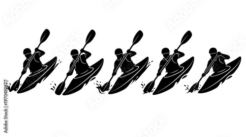 Sequence of four kayakers paddling together on a river, demonstrating teamwork and sport in a dynamic outdoor scene.