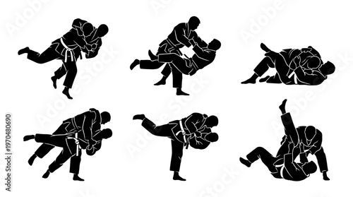 Silhouettes of martial arts poses in dynamic sequence featuring multiple fighters.