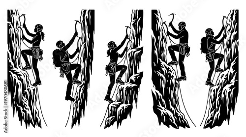 Sequence of silhouette climbers scaling rugged rock faces in a row.