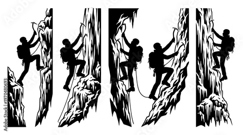Three Silhouetted Rock Climbers Ascend a Towering Cliff Face.