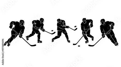 Photography Silhouetted hockey players in a dynamic team ice hockey action sequence
