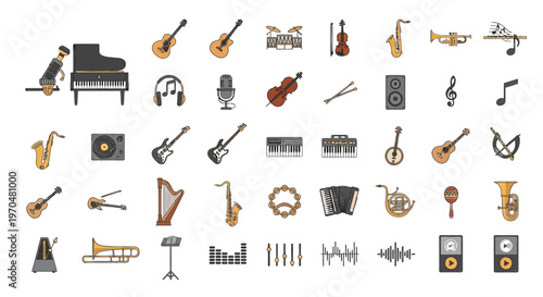 Collection of Musical Instruments and Audio Equipment Icons. Vector Icon. EPS Editable