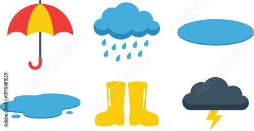 Flat Design Weather Element Set Rainy Season Atmosphere Icon Graphic
