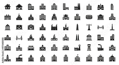 Collection of diverse building icons representing various architectural styles and functions. Vector Icon. EPS Editable