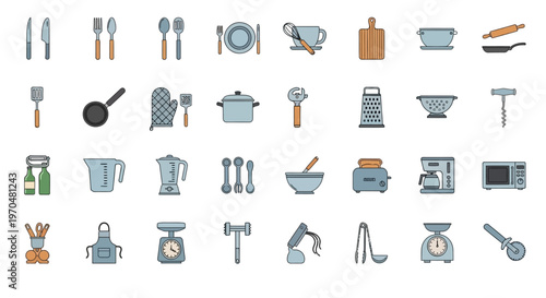 Collection of Kitchen Utensils and Appliances Icons. Vector Icon. EPS Editable