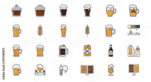 Collection of various beerrelated icons and illustrations showcasing different types of beer glasses and brewing elements. Vector Icon. EPS Editable
