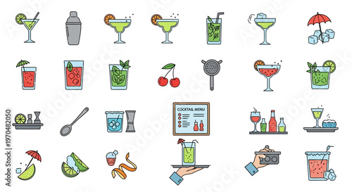 Colorful Cocktail and Bar Utensil Icons Collection. Vector Icon. EPS Editable