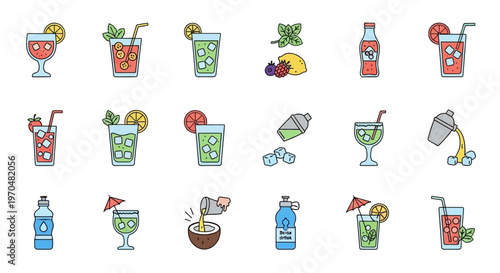 Colorful Cocktail and Drink Icons Collection for Refreshing Beverages. Vector Icon. EPS Editable