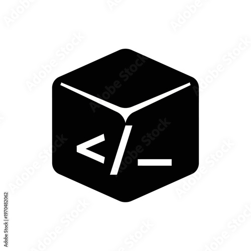 Abstract geometric cube icon featuring essential coding symbols, representing robust software development, innovative programming, and the foundational building blocks of modern digital technology