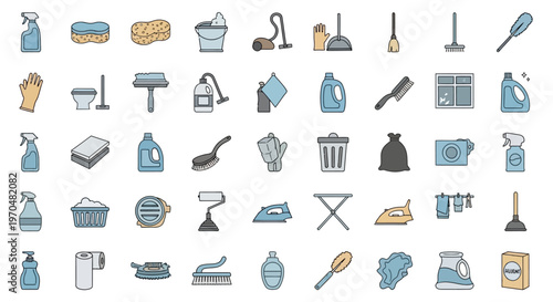 Comprehensive Collection of Cleaning Supplies and Household Chores Icons. Vector Icon. EPS Editable
