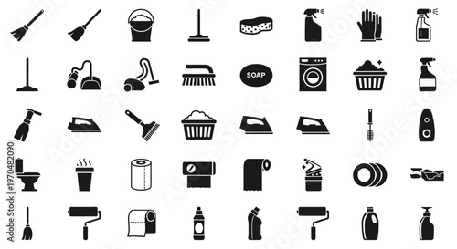 Comprehensive collection of cleaning and household maintenance tools and supplies icons. Vector Icon. EPS Editable