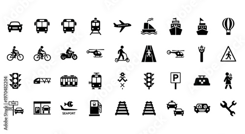 Comprehensive collection of transportation and travel related icons. Vector Icon. EPS Editable