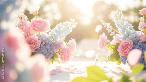 Floral Whispers in Sunlight: Delicate pastel-colored roses and wildflowers are artfully arranged, catching the ethereal sunlight, evoking a sense of gentle beauty and natural elegance.