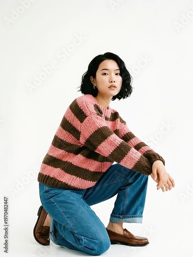 Asian Woman in Pink and Brown Striped Sweater Posing Outdoors
