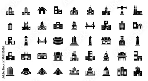 Diverse collection of building and landmark icons in black silhouette. Vector Icon. EPS Editable
