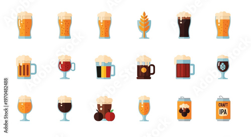 Diverse Collection of Beer Glasses and Mugs Featuring Various Styles and Colors. Vector Icon. EPS Editable