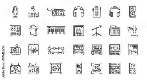 Electronic devices icon collection featuring headphones keyboard and speakers. Vector Icon. EPS Editable