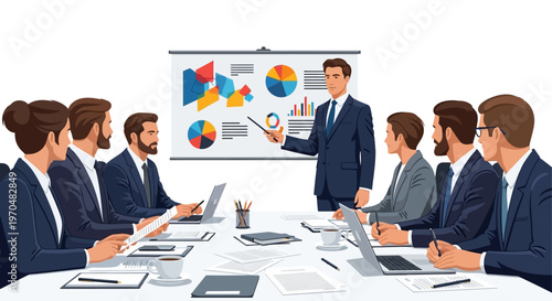 Vector illustration of a businessman delivering a presentation with charts and data to a team in a modern office setting, depicting collaboration and teamwork with a clean, minimalist