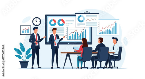 A diverse group of business professionals attending a presentation, where a businessman is presenting data charts and diagrams on a large screen in a modern office setting