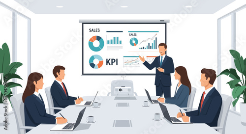 A diverse group of business professionals are depicted in a vector illustration, attending a presentation in a modern office, with a businessman presenting data charts and graphs