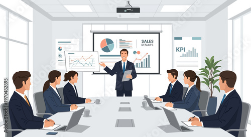 In a well-lit office, a diverse group of business people are attending a presentation, where a businessman points to data charts on a screen, conveying a corporate and collaborative