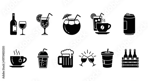 A Comprehensive Collection of Refreshing Drinks and Alcoholic Beverages Icons – Diverse Silhouettes Representing Coffee, Tea, Beer, Wine, and Cocktails