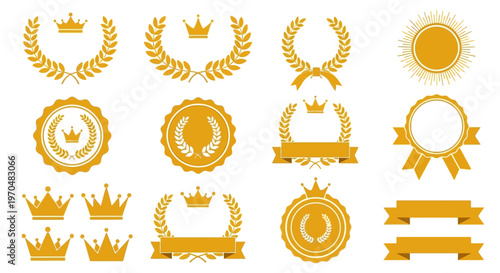 Premium Golden Awards Collection Vector Set of Laurels, Crowns, Badges, Ribbons for Achievement and Recognition Designs