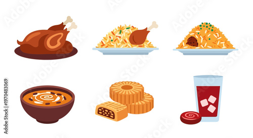 Eid Al-Adha Food Illustration Set, Roasted Meat, Biryani Rice, Curry Bowl, and Traditional Arabic Sweets Flat Vector Icons