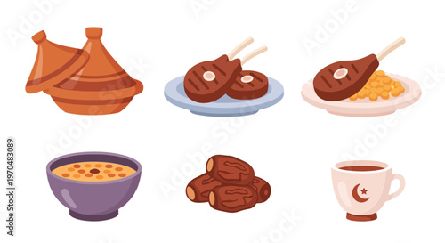 Eid Al Adha Traditional Food Icon Set, Sacrificial Meat Lamb Chops, Dates, and Middle Eastern Cuisine Vector Illustration