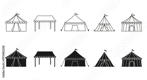 Collection of simple and decorative tents and marquees in outline and solid silhouette styles, perfect for outdoor events and festivals