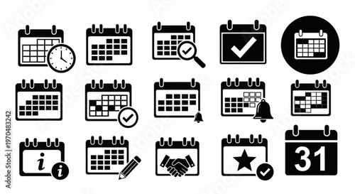 Comprehensive collection of versatile calendar and reminder icons for digital planning and time management solutions