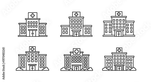 Collection of Six Stylized Hospital Buildings Icons in a Grid Layout