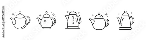 Traditional teapot and kettle line icons set featuring ceramic pot kitchen kettle tea server boiling water and metal teapot more vector illustration with editable stroke.