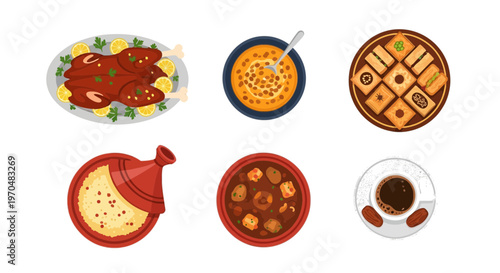 Traditional Eid al-Adha Food Collection and Arabic Cuisine Vector Illustration