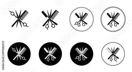 Set of circular icons featuring crossed barber scissors, razors, and combs on white and black backgrounds